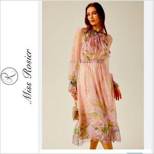 NWT Miss Rosier JUSTINE Dress floral print cinched midi size Small PINK cottage